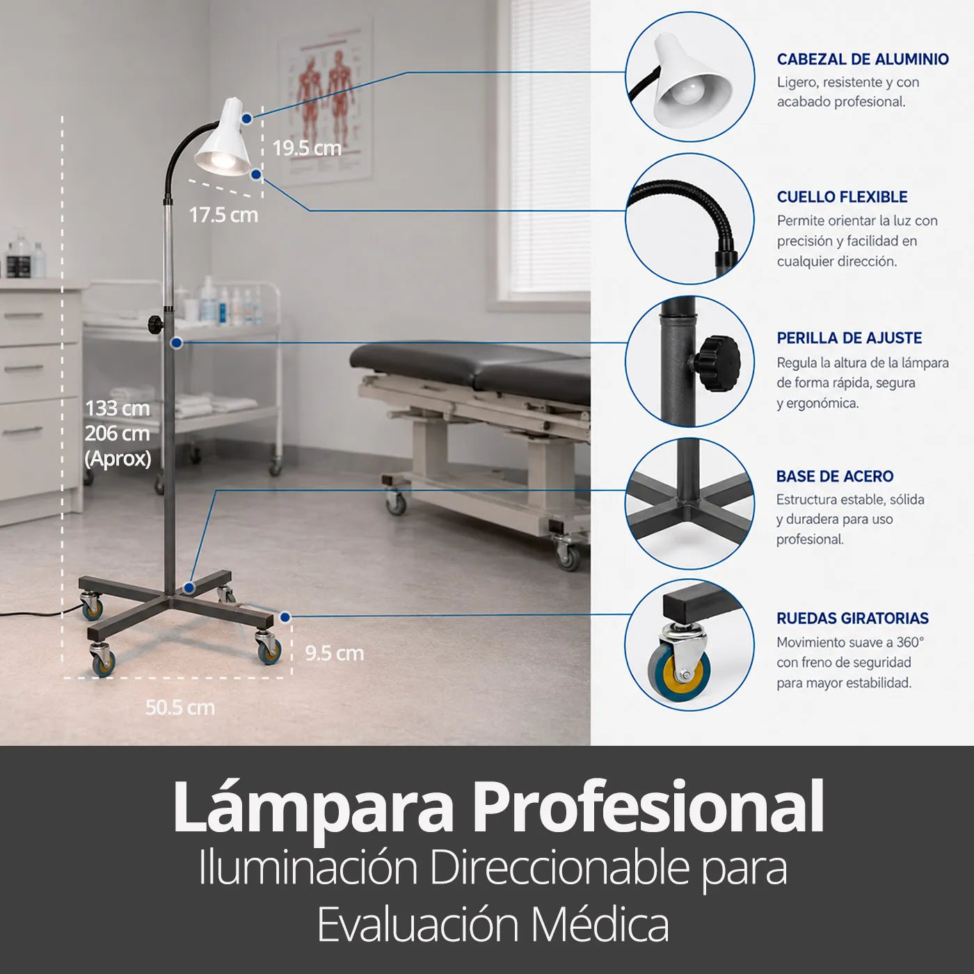 Características técnicas de lámpara clínica cuello flexible con ruedas y ajuste de altura.