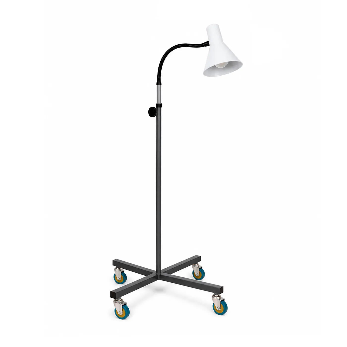 Lámpara clínica cuello flexible con 4 ruedas para evaluación médica y procedimientos clínicos.