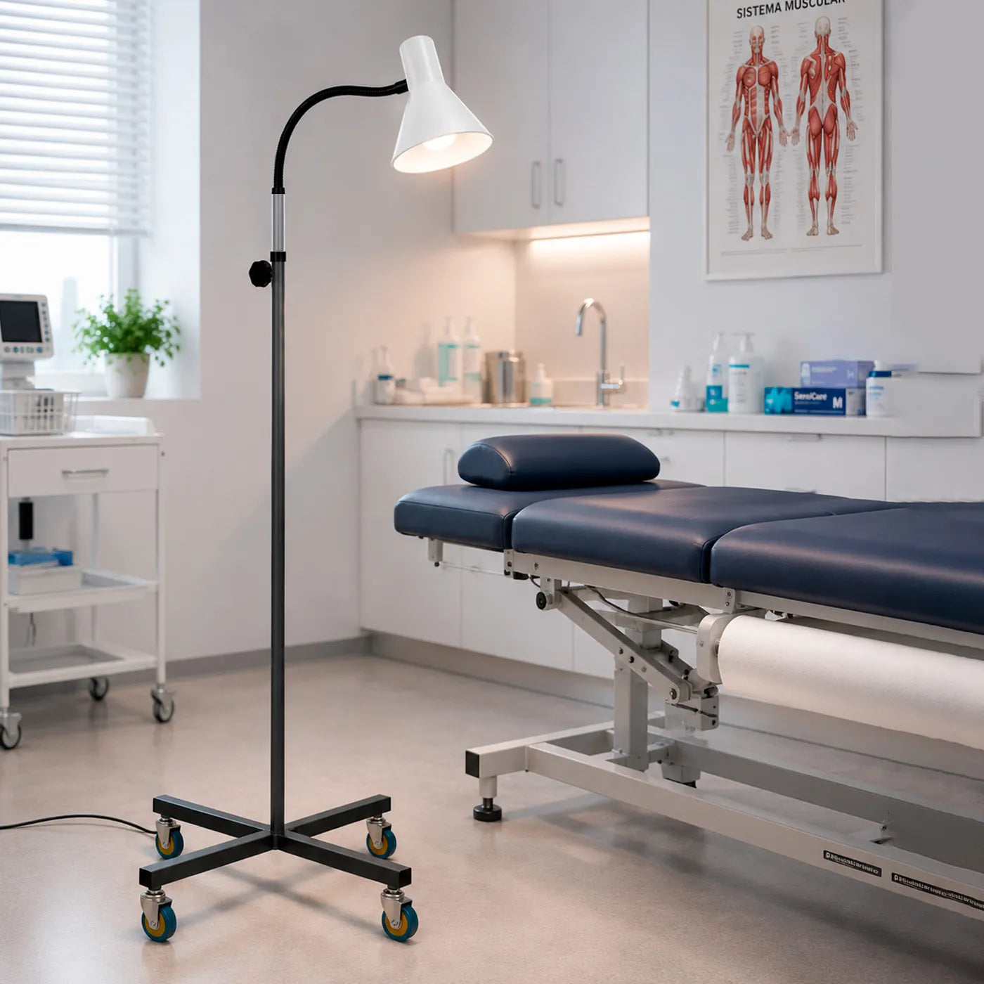 Lámpara clínica profesional en consultorio médico moderno para iluminación de procedimientos y evaluaciones.