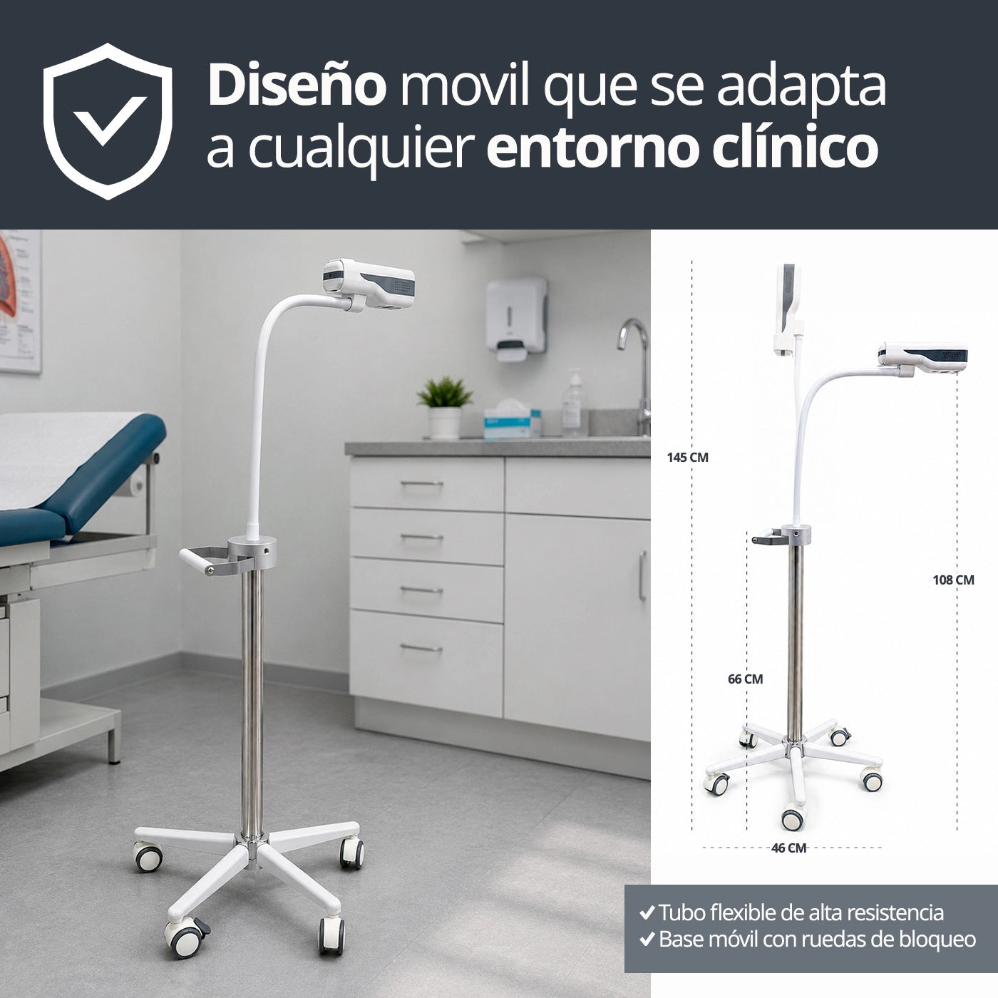 Localizador de venas HF-410A instalado en un consultorio médico moderno con soporte móvil.