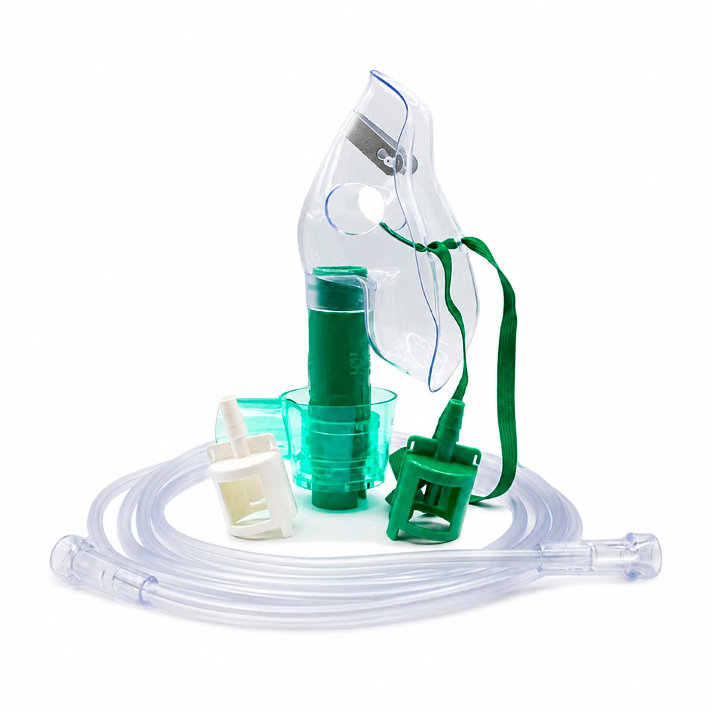 Mascarilla de oxígeno Venturi pediátrica con tubo de oxígeno, adaptadores de concentración y elástico de sujeción.