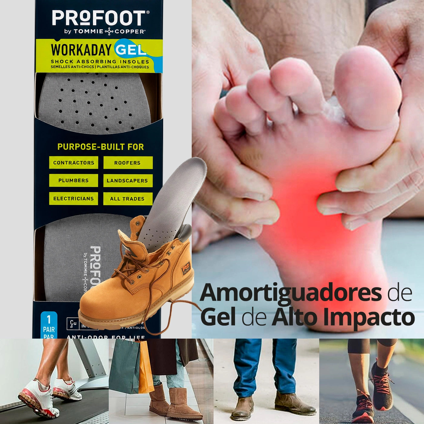 Plantillas Profoot con amortiguadores de gel para reducir el impacto durante largas jornadas de trabajo