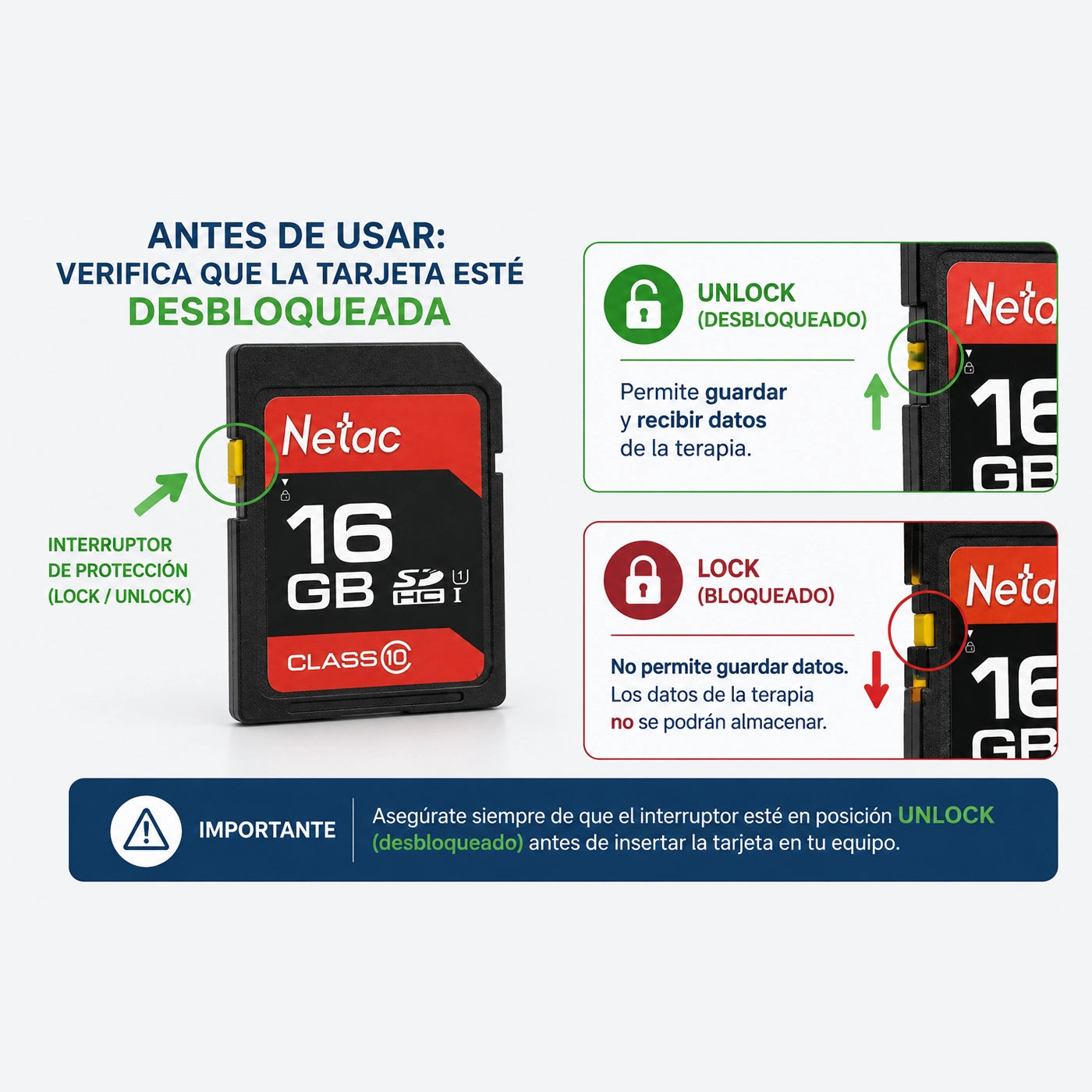 Tarjeta SD Netac 16 GB con indicación de posición Unlock para guardar correctamente los datos de la terapia cpap