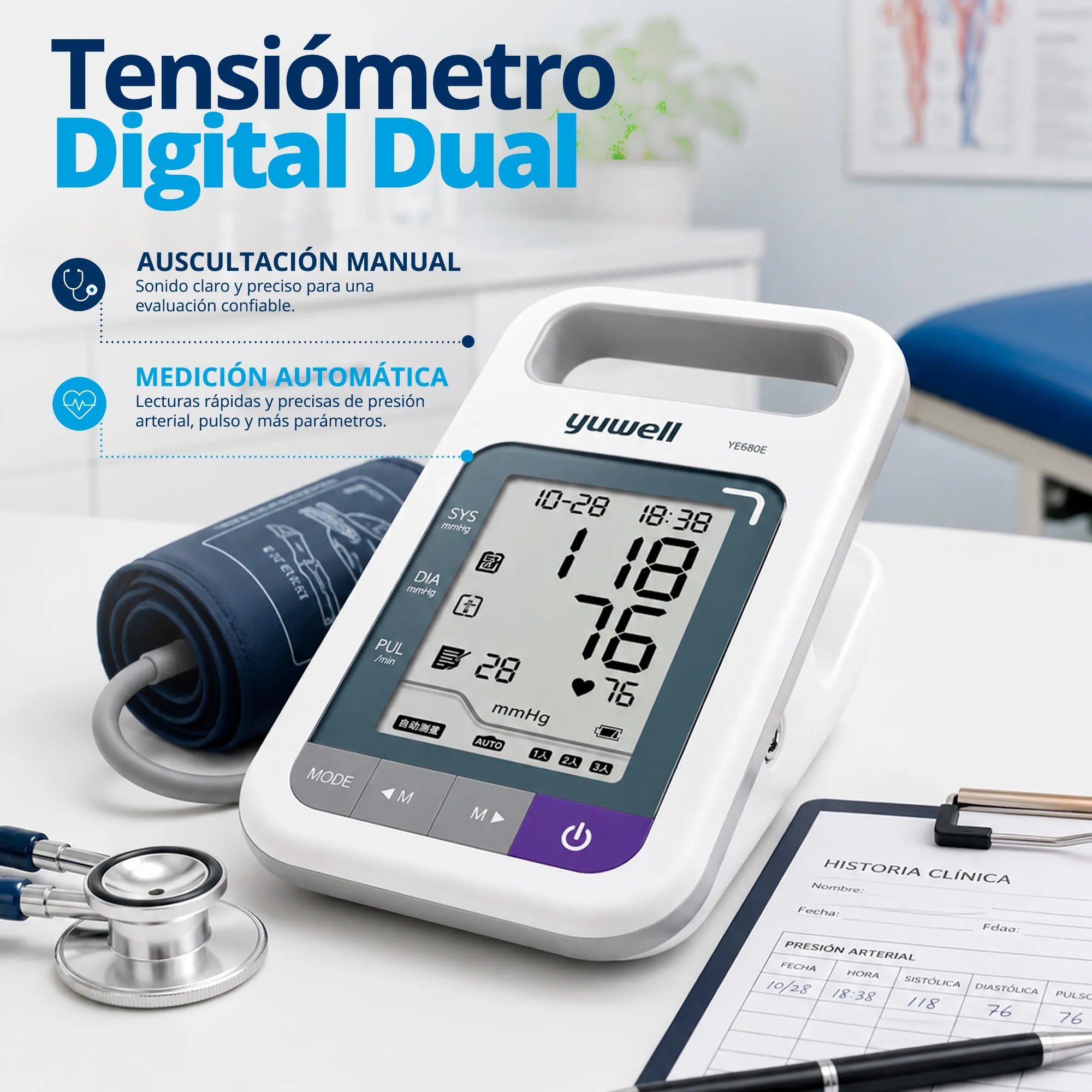 Infografía del tensiómetro Yuwell YE680E Dual destacando medición automática y auscultación manual.