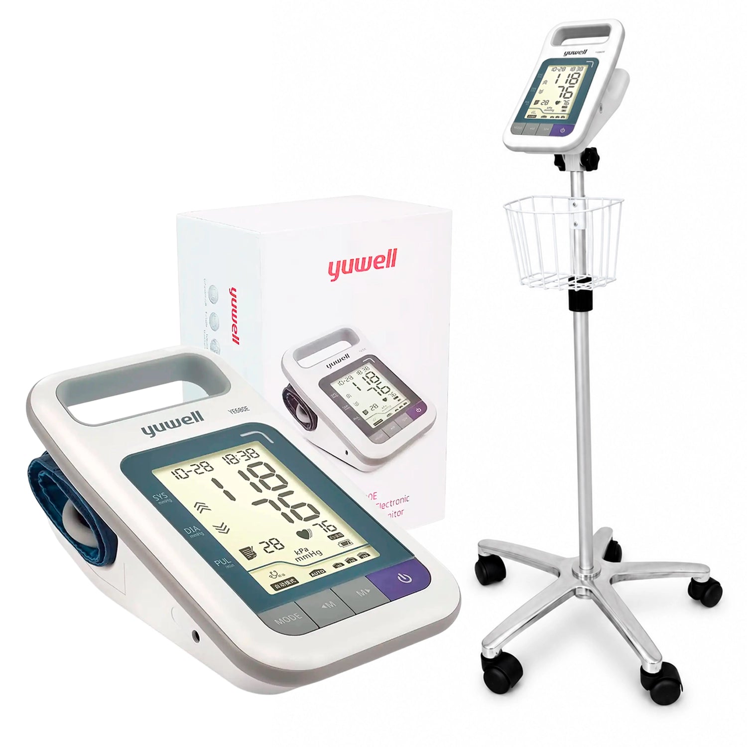 Monitor digital de presión arterial Yuwell YE680E con pedestal móvil y brazalete para uso clínico.
