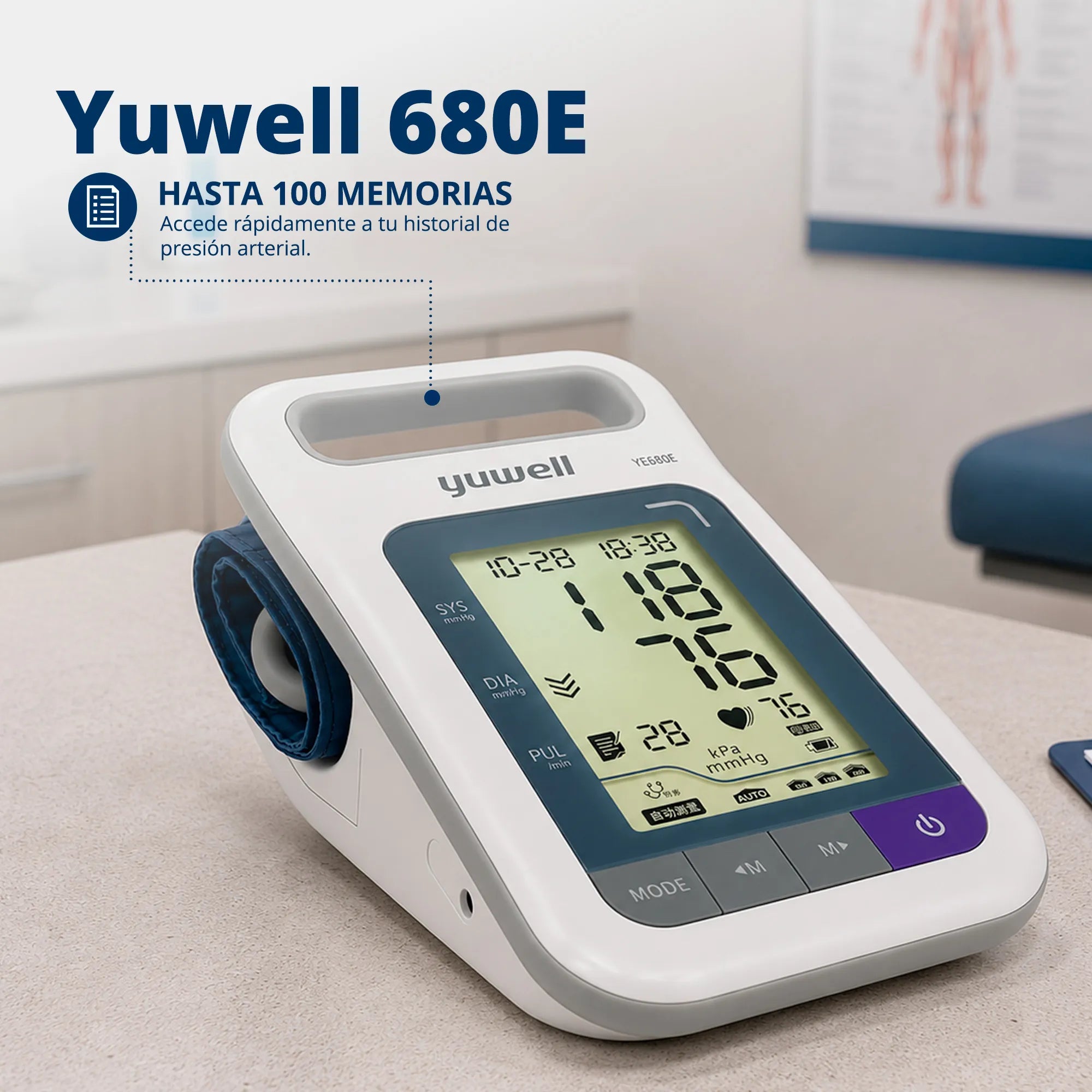 Tensiómetro digital Yuwell YE680E Dual con capacidad de almacenamiento de hasta 100 memorias.