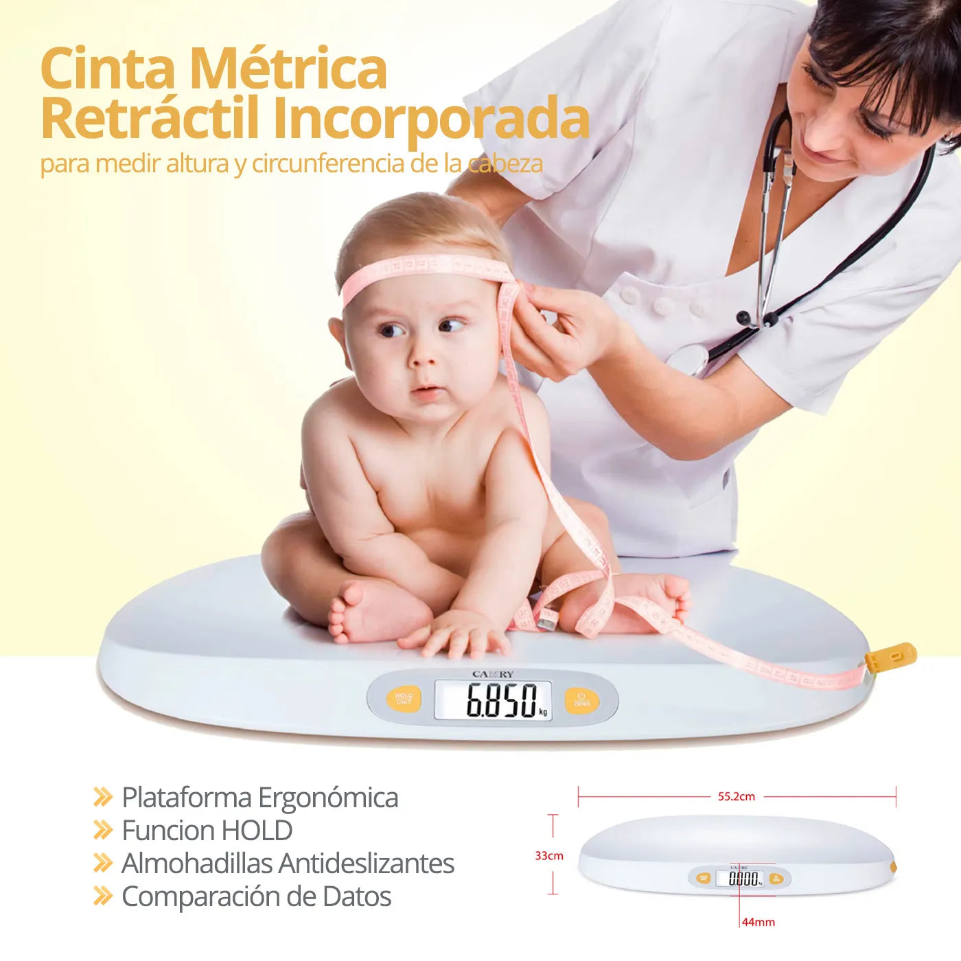 Balanza Digital Inteligente Pediátrica + Cinta Métrica Retráctil Camry