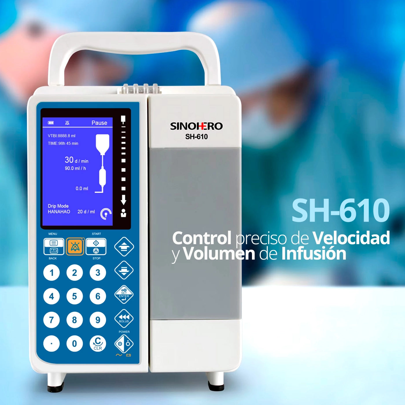 Bomba de infusión Sinohero SH-610 mostrando su interfaz amigable.