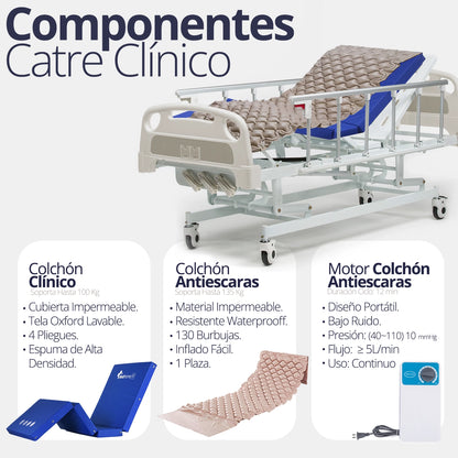 Catre Clínico Manual 3 Funciones con Colchón Clínico y Antiescara - TOPMEDIC