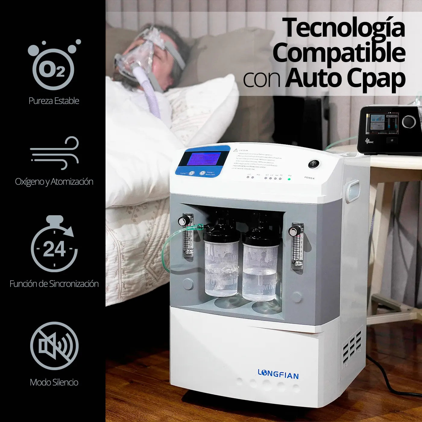 Concentrador de Oxígeno 10L/min Longfian JAY10 DUAL con Nebulizador y Oximetría - TOPMEDIC