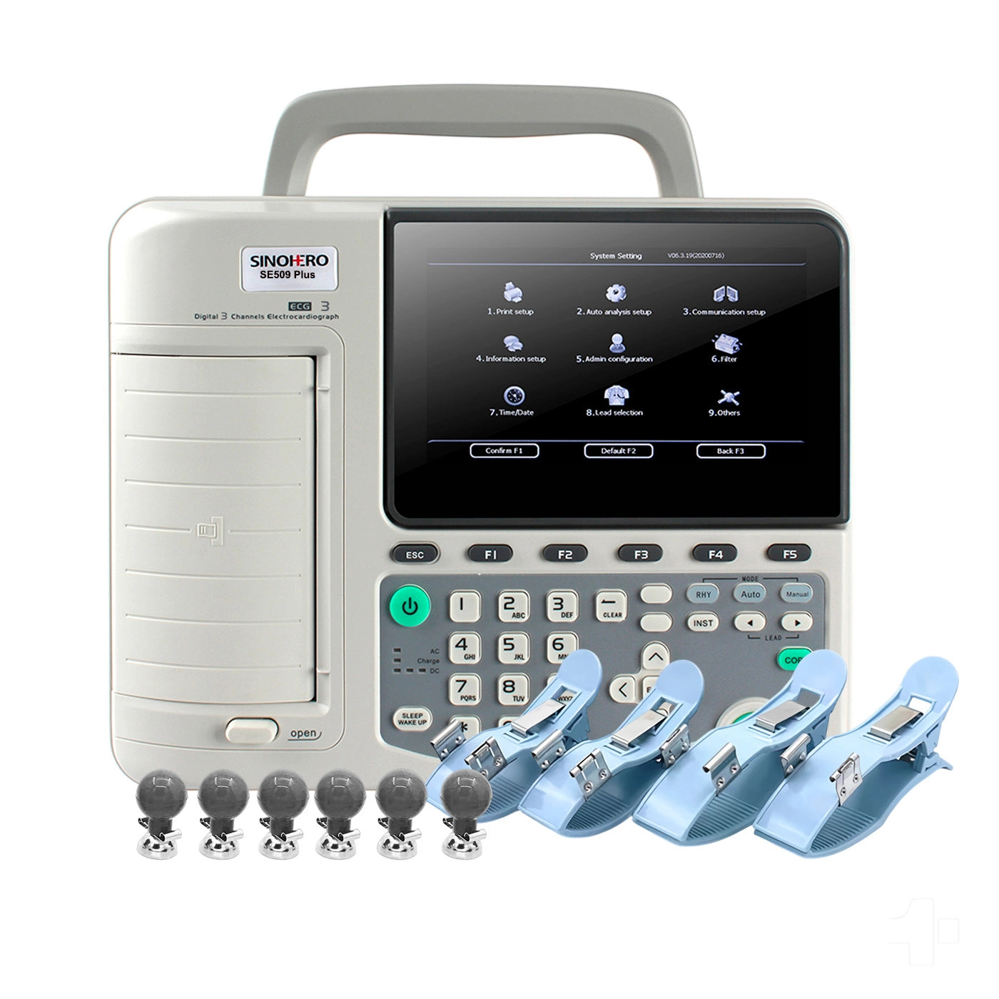 Imagen del electrocardiógrafo Sinohero SE509 Plus de 3 canales con pantalla táctil y ECG de 12 derivaciones.
