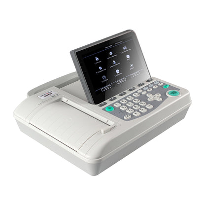 Electrocardiógrafo Sinohero SE509 Plus mostrando la interfaz de usuario en modo de medición automática y manual.