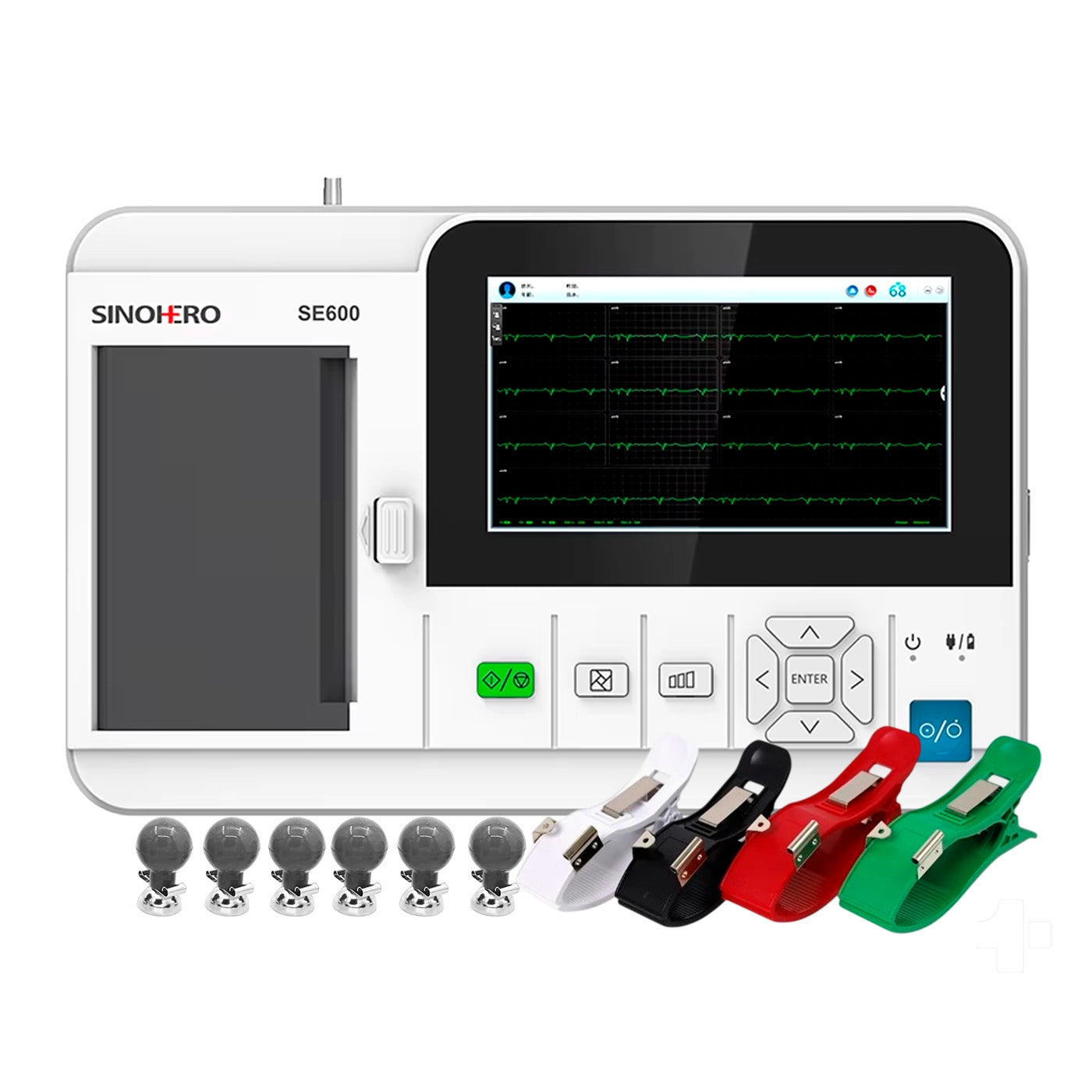 Sinohero ECG600G electrocardiógrafo de 6 canales - Captura señales de 12 derivaciones con pantalla táctil a color de 7 pulgadas y sistema de impresión térmica.