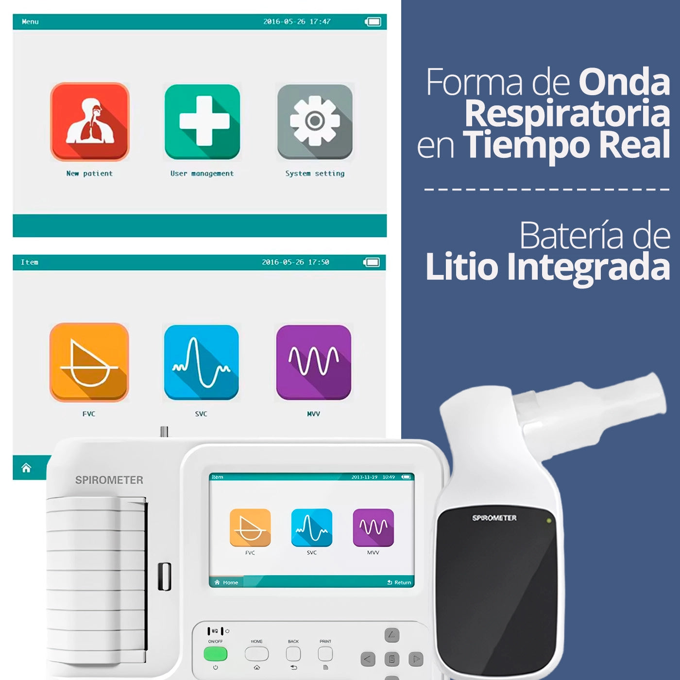 Resultados de prueba de función pulmonar en espirómetro SP100