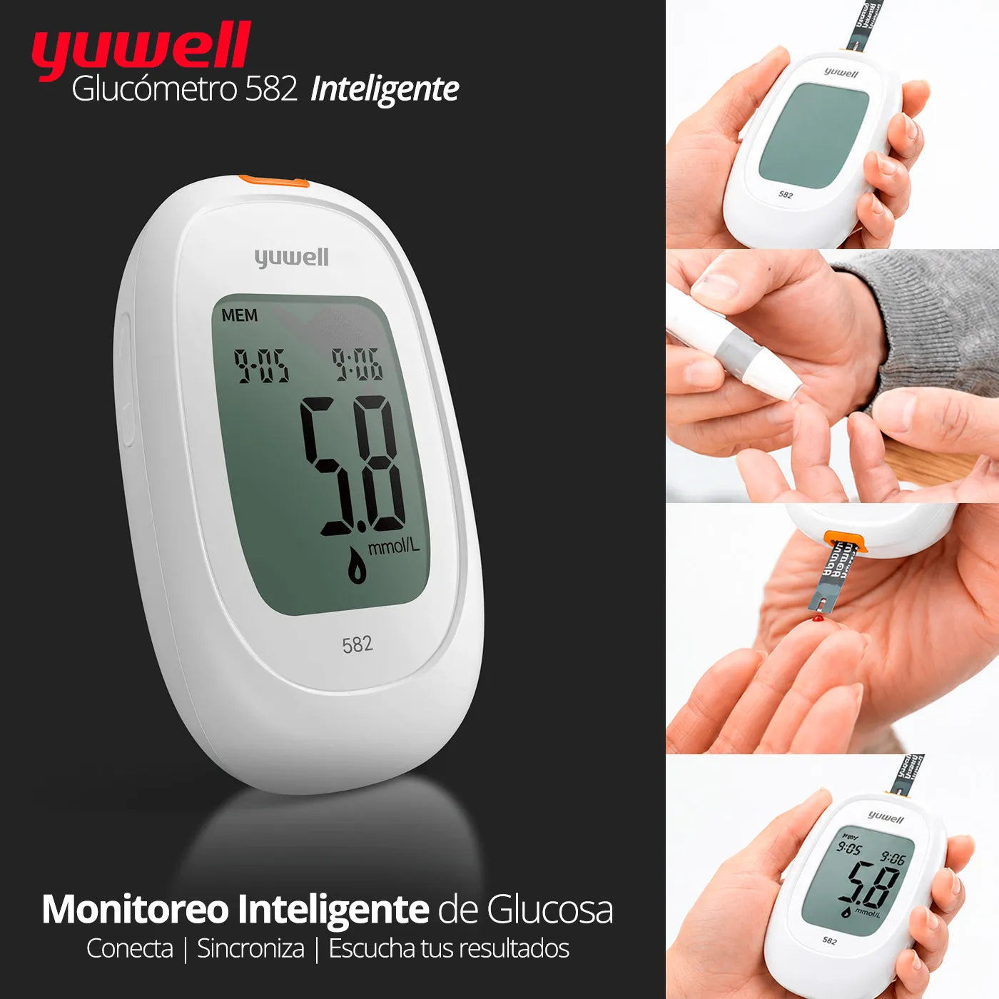 Glucómetro Yuwell 582 Smart + Voz Guiada + Bluetooth + 100 Cintas 100 Lancetas
