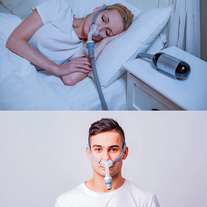 Usuario durmiendo con la Mascarilla Nasal BMC P2H, diseñada para comodidad y humidificación sin agua en tratamientos CPAP