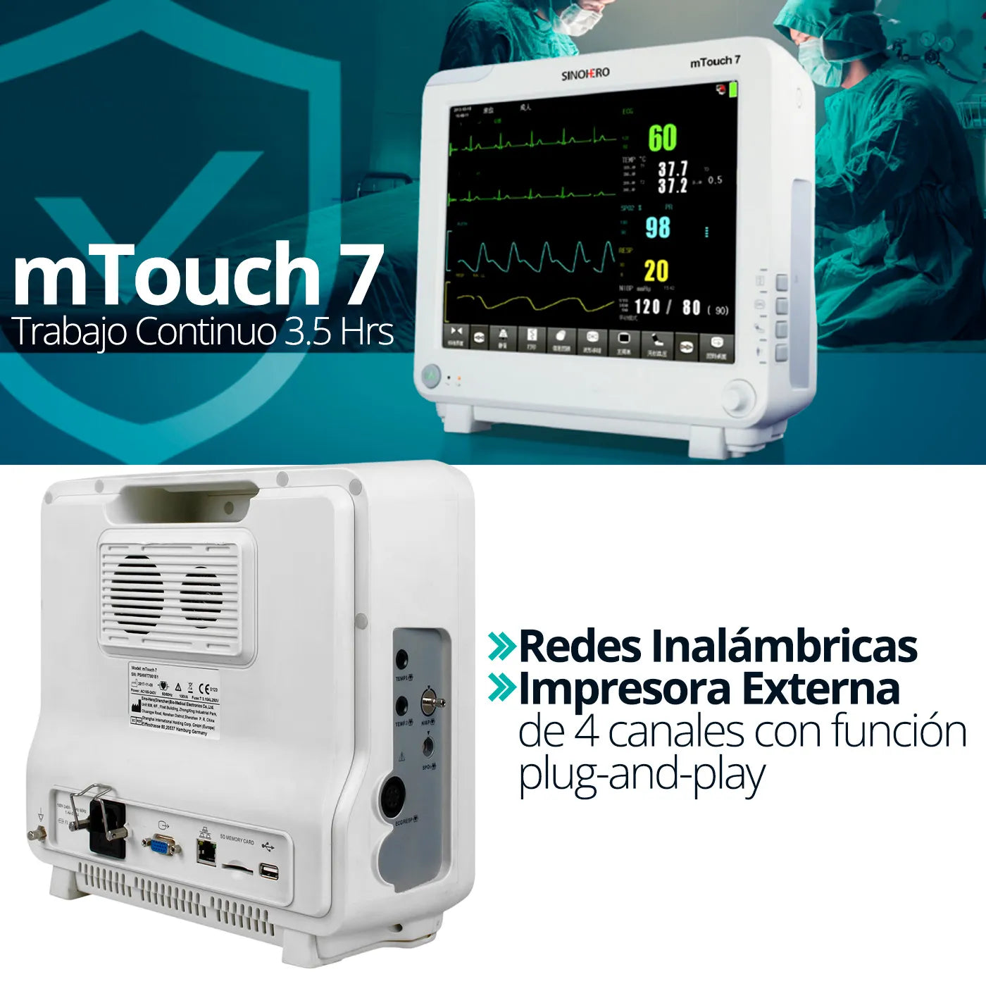 Monitor Multiparámetros Sinohero mTouch 7 - 2IBP, ETCO2, ECG, SPO2, FC, NIBP, TEMP, FR y Batería Recargable