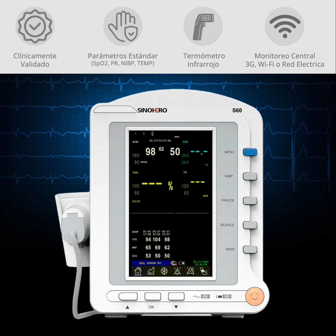 Dispositivo portátil Sinohero S60 midiendo signos vitales en adultos, pediátricos y neonatos