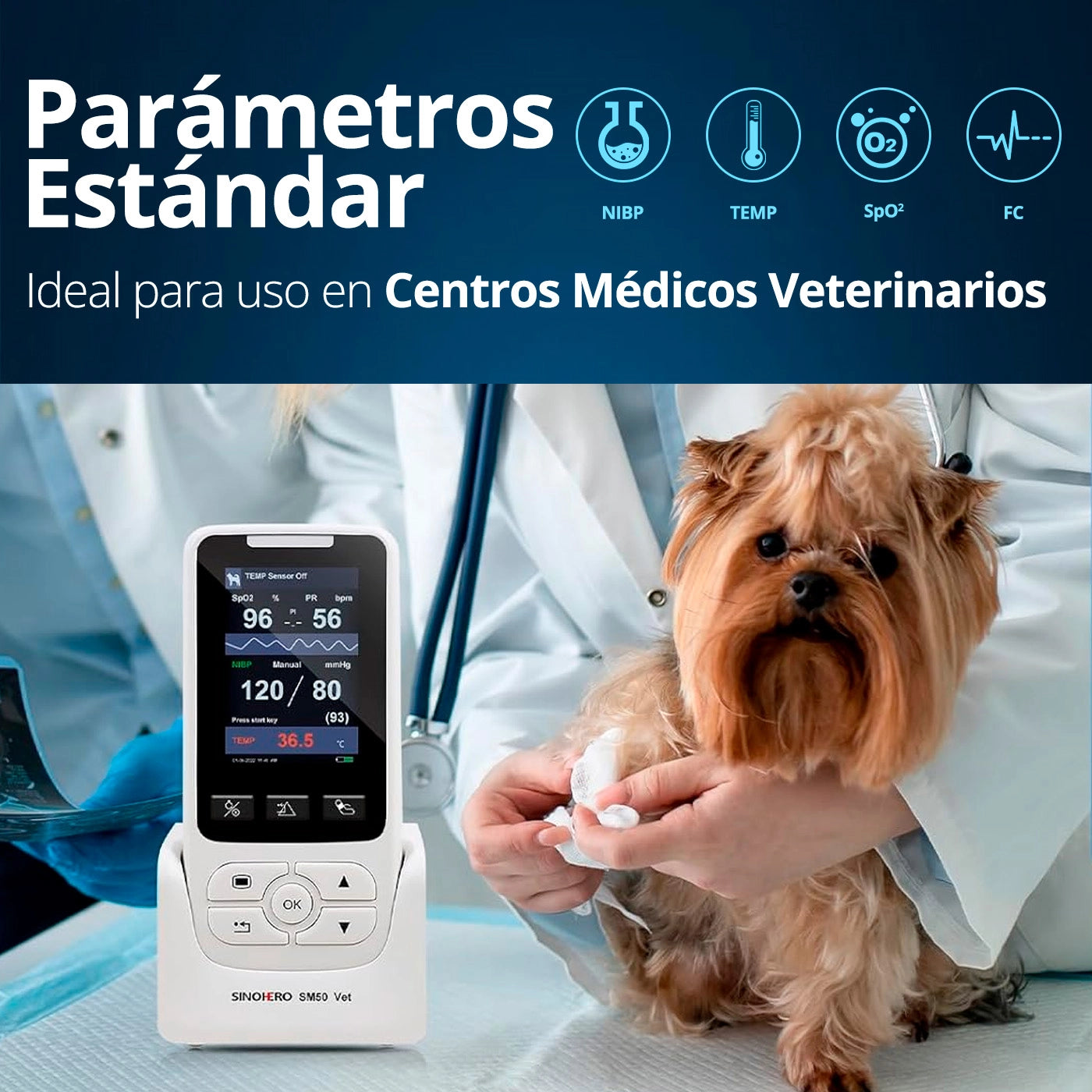 Equipo veterinario profesional Sinohero SM50: Monitoreo continuo de SPO2, frecuencia cardíaca, presión arterial y temperatura en animales.