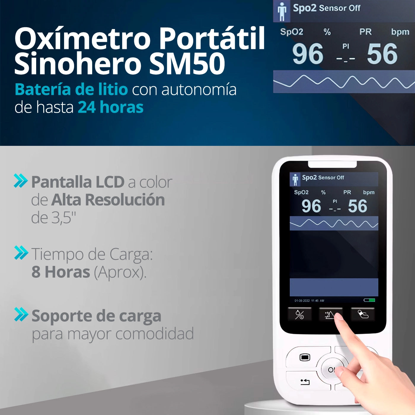 Compra el oxímetro Sinohero SM50 en Topmedic: Obtén un diagnóstico preciso de tu salud respiratoria con este dispositivo médico portátil.