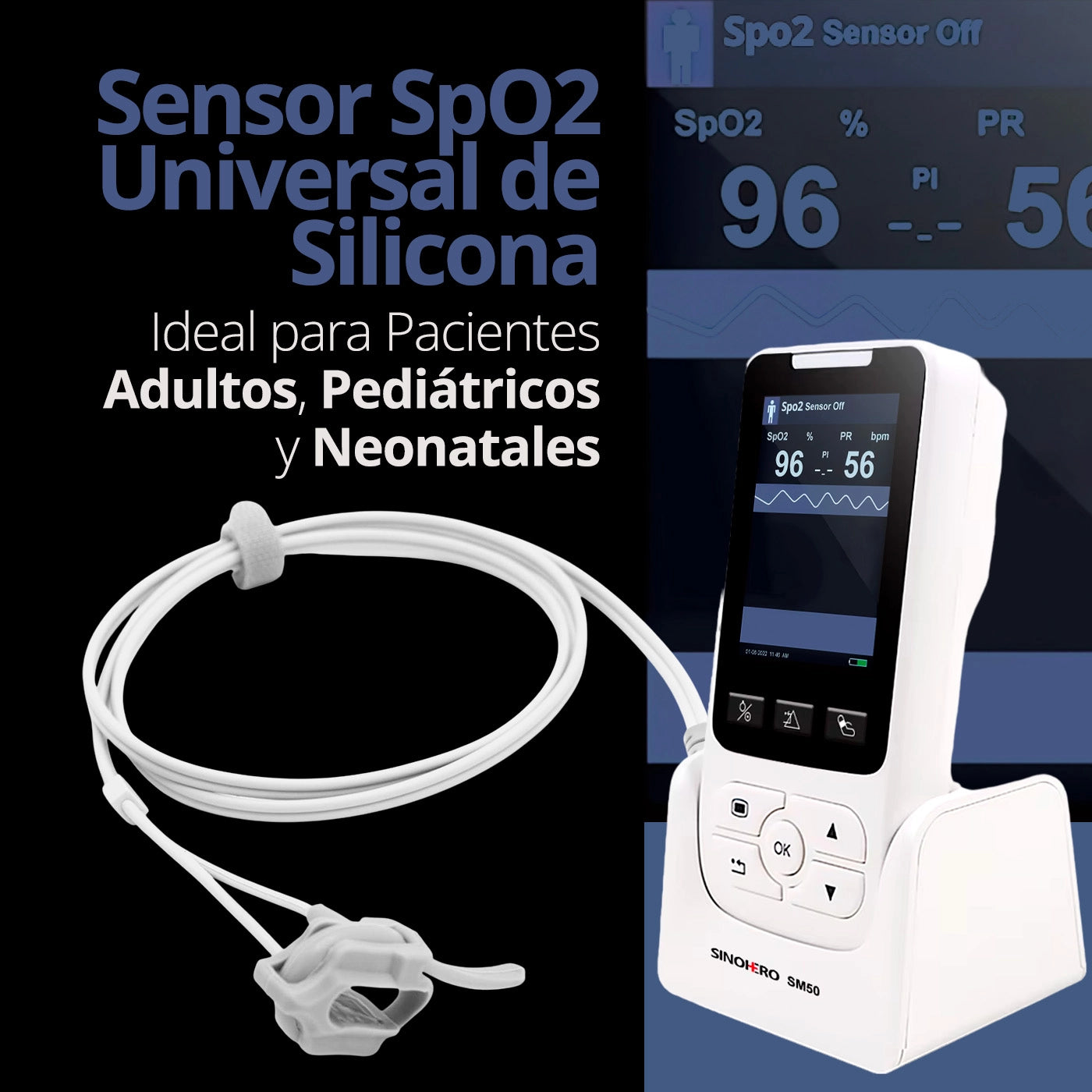 Oxímetro profesional SM50: Ideal para uso clínico y doméstico. Monitorea la SpO2 con precisión y rapidez.