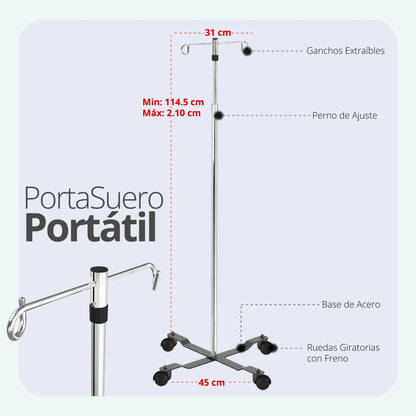 Porta Suero 2 Ganchos 4 Ruedas - TOPMEDIC