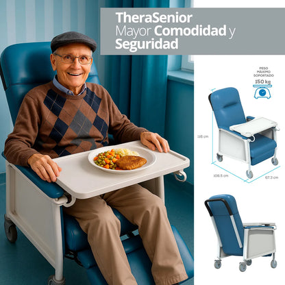Sillón TheraSenior en posición vertical, con un adulto mayor sentado cómodamente