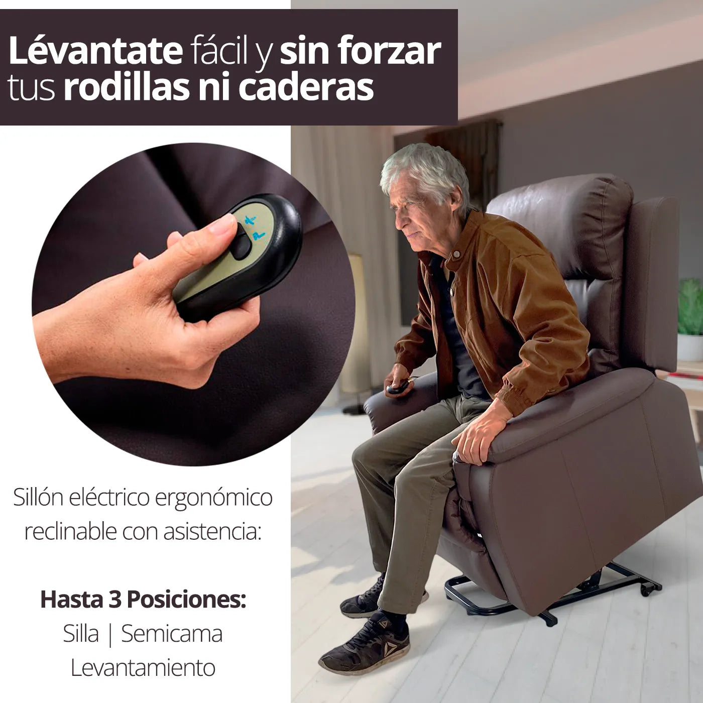 Vista lateral del sillón de elevación TheraLift levantando a una persona para ayudarla a ponerse de pie.