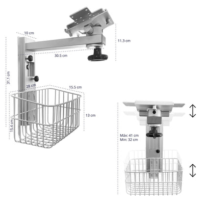 solución de montaje para monitor médico, optimiza el espacio, mejora la ergonomía, construcción robusta, cesta metálica