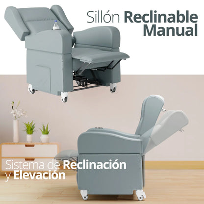 Sillón TheraClassic mostrando su capacidad de reclinación manual y elevación de pies