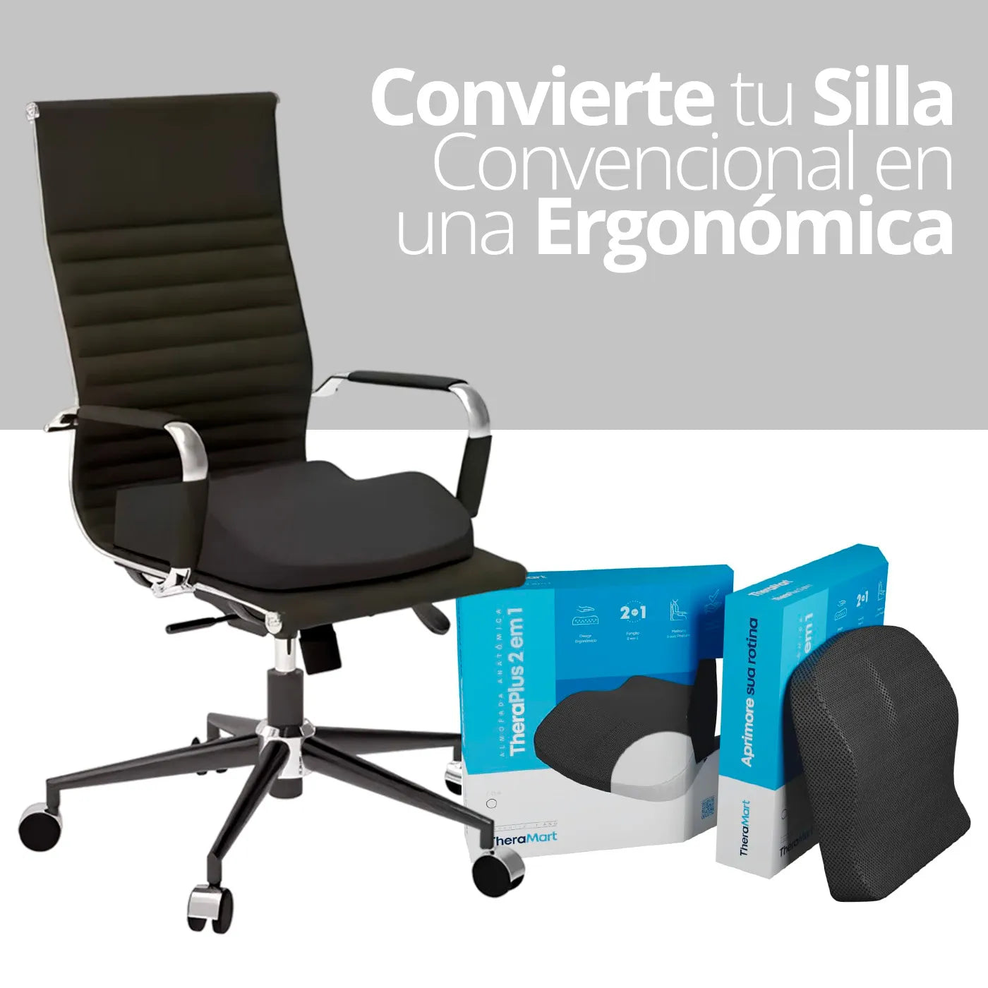 Cojín ergonómico Theraplus colocado en una silla, mostrando su compatibilidad universal