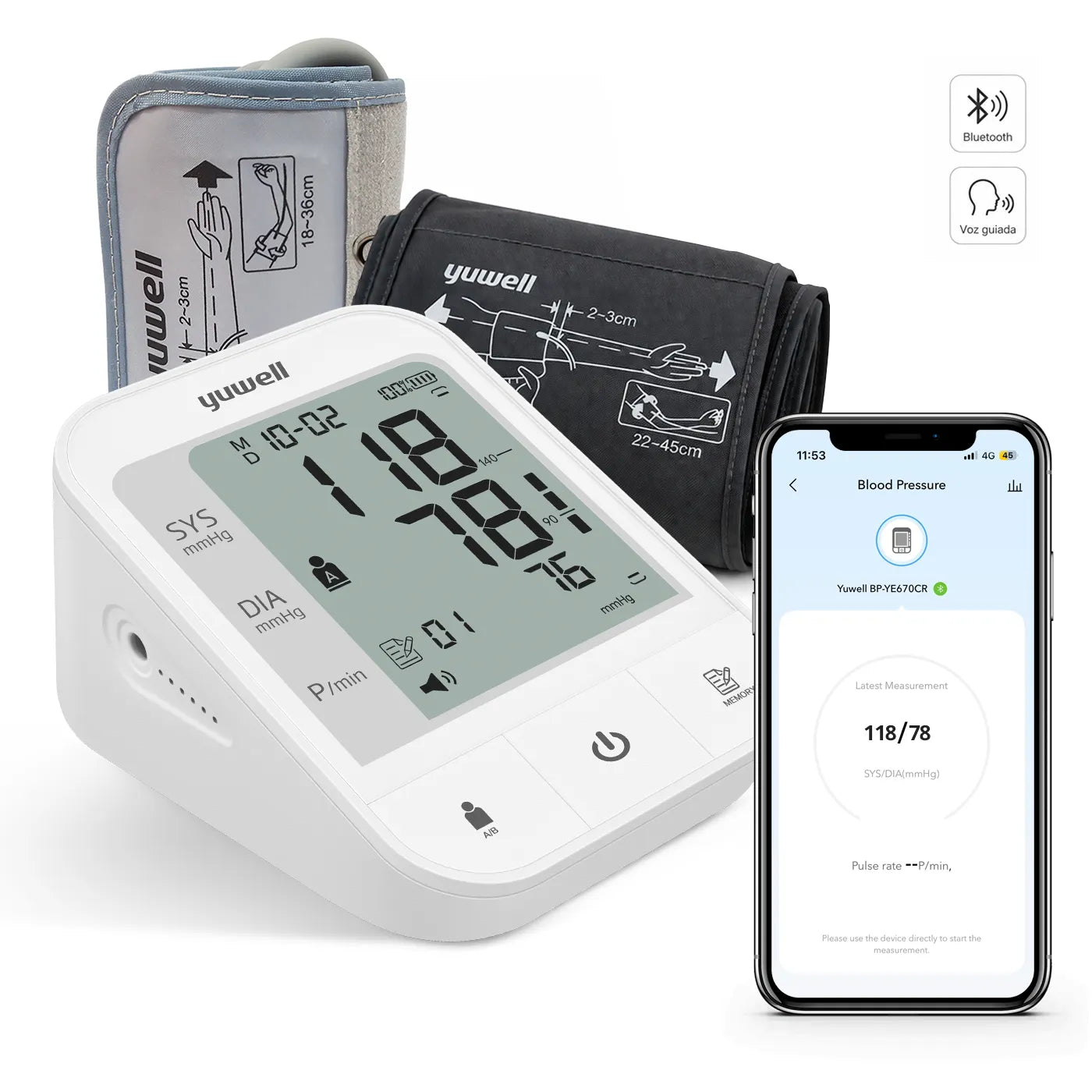 Toma Presión Yuwell YE670CR Recargable + Bluetooth + Voz + Bzte Adulto + Bzte Pediátrico 360°