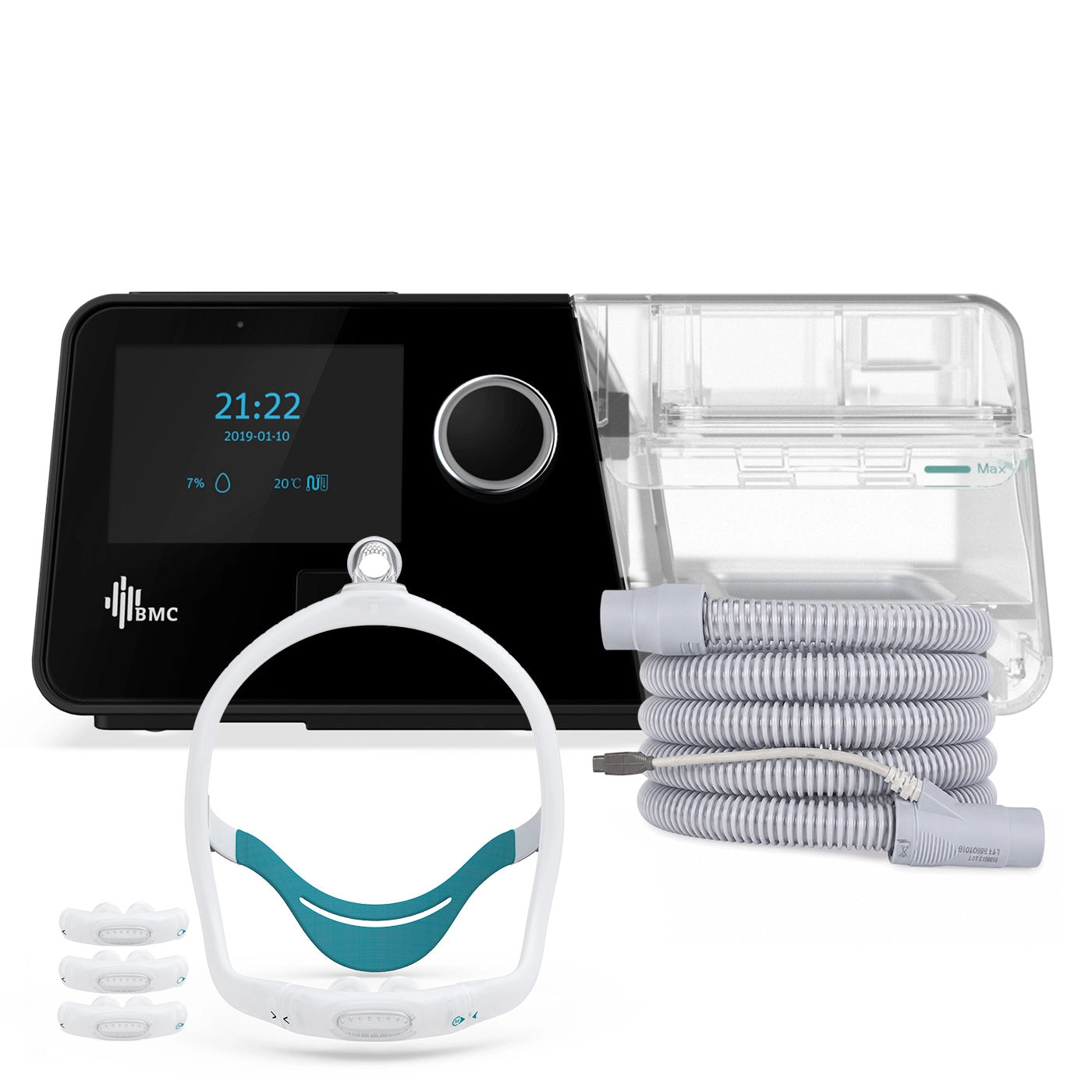 Auto CPAP BMC G3 A20 con máscara premium nasal pillows y tubo calefaccionado para tratamiento de apnea del sueño