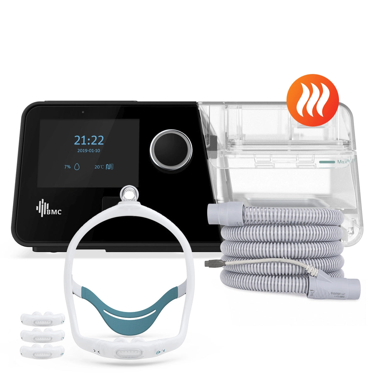 AutoCPAP BMC G3 A20 con máscara premium Nasal Pillows P6S de 3 tallas y tubo calefaccionado