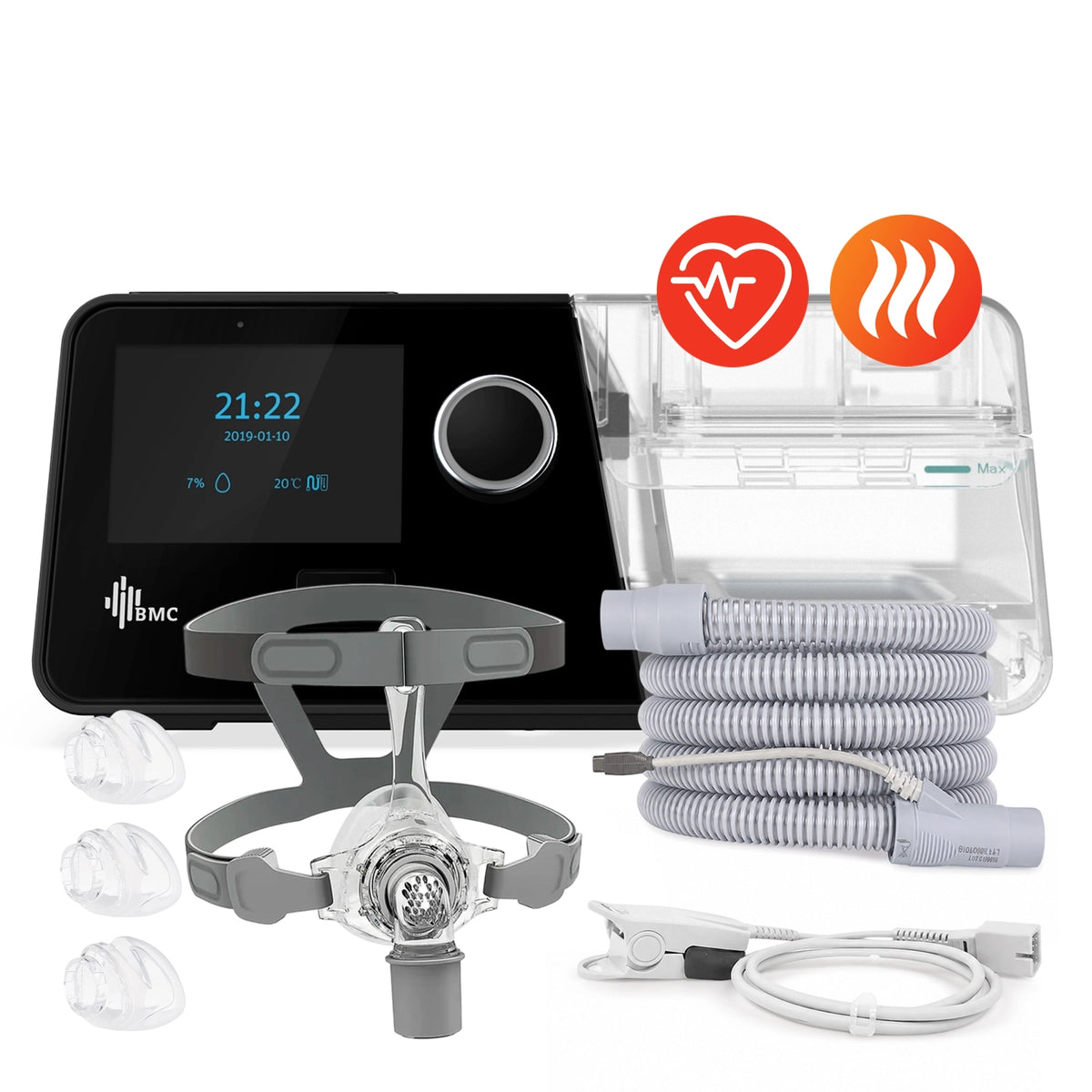 AutoCPAP BMC G3 A20 con oxímetro, máscara nasal N5 de 3 tallas y tubo calefaccionado