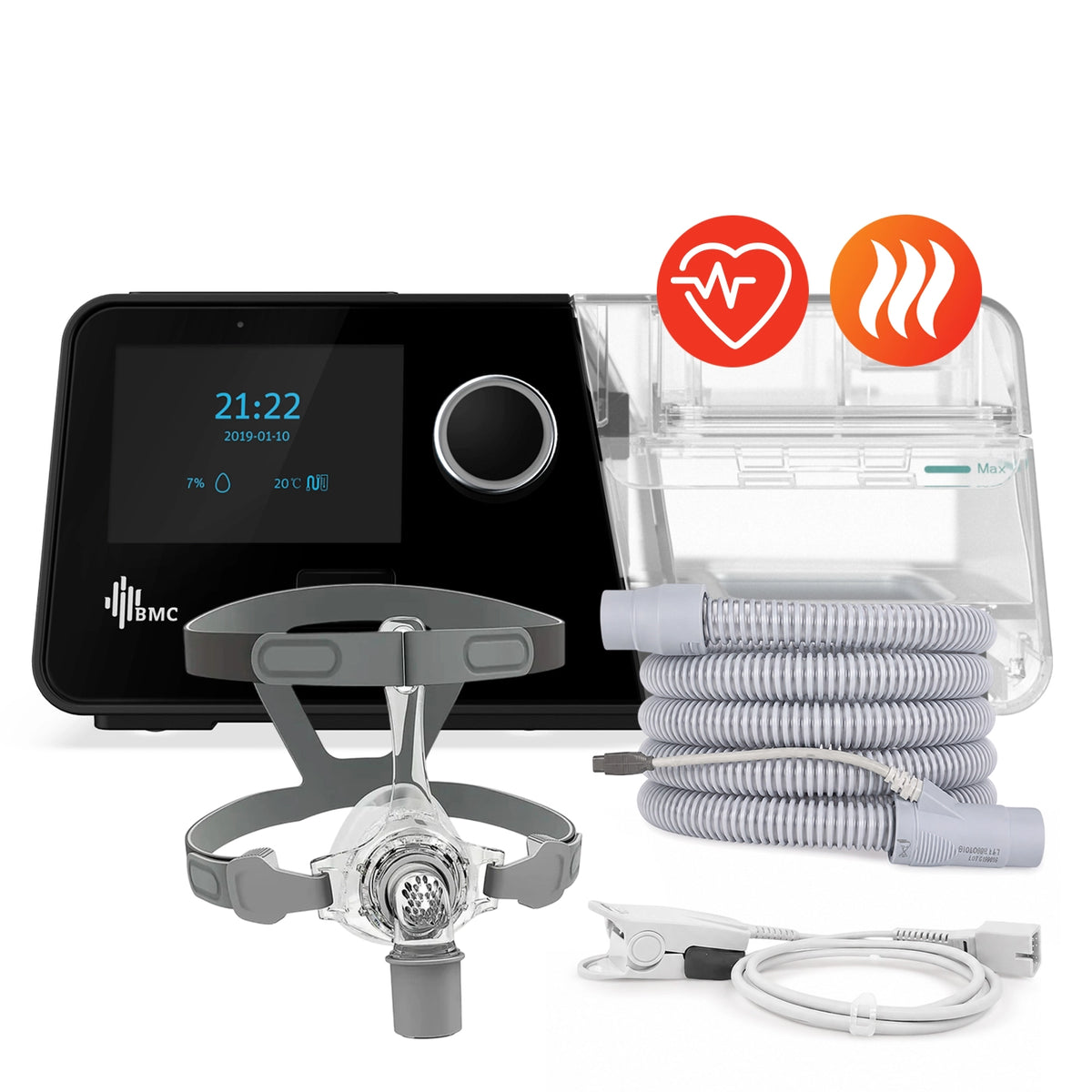 AutoCPAP BMC G3 A20 con oxímetro, máscara nasal N5 y tubo calefaccionado