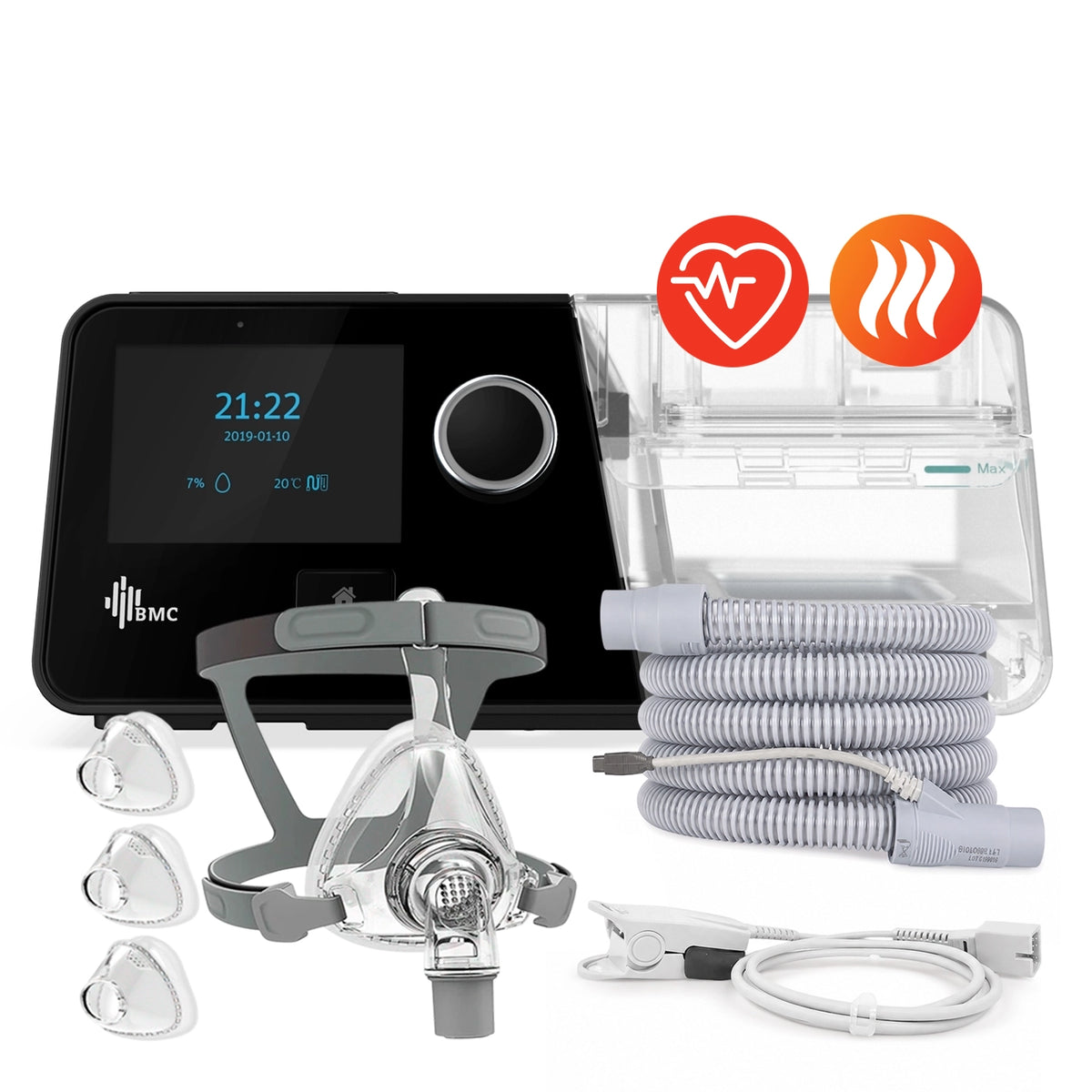 AutoCPAP BMC G3 A20 con oxímetro, máscara oronasal F5 de 3 tallas y tubo calefaccionado