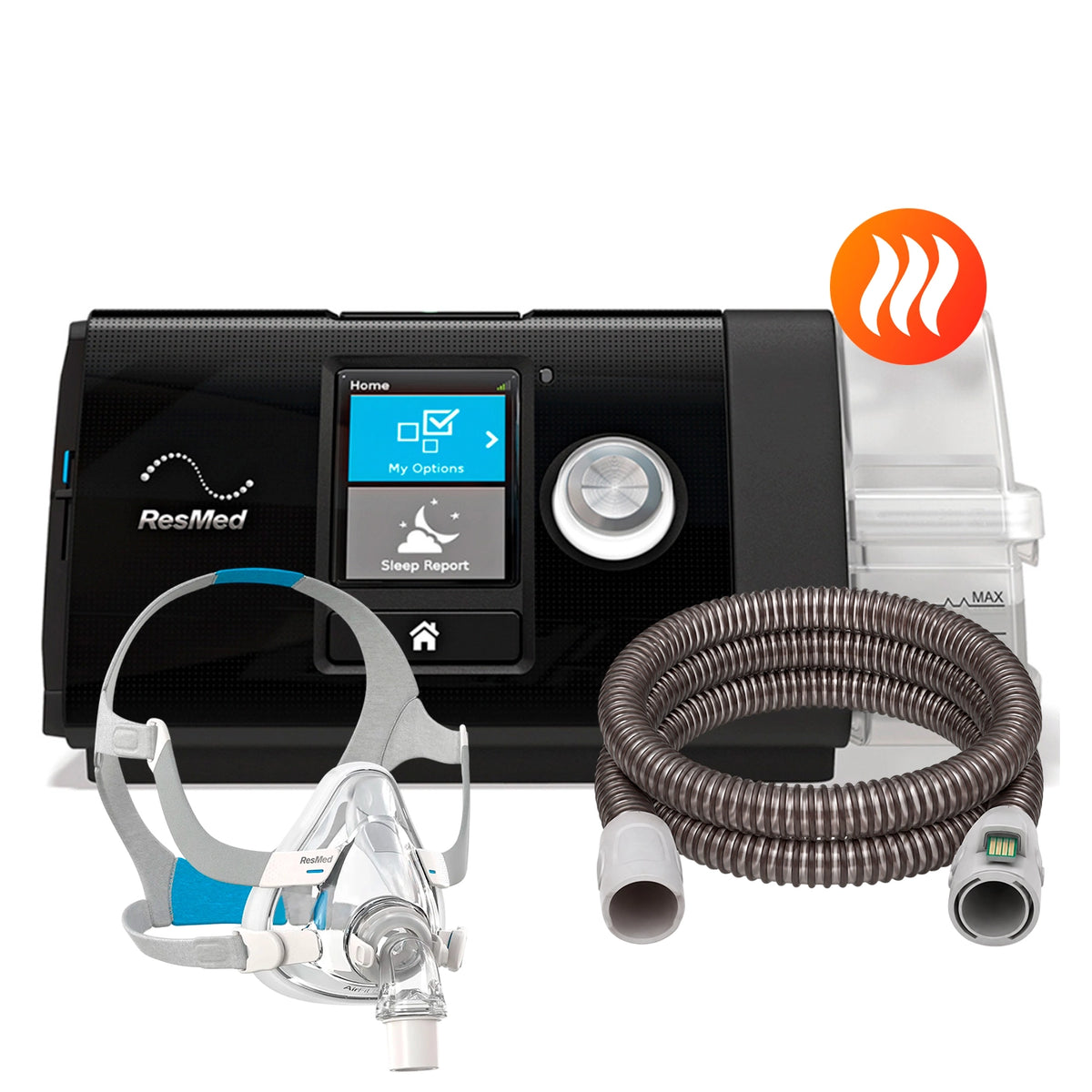 AutoCPAP ResMed AirSense 10 con máscara oronasal ResMed F20 y tubo calefaccionado