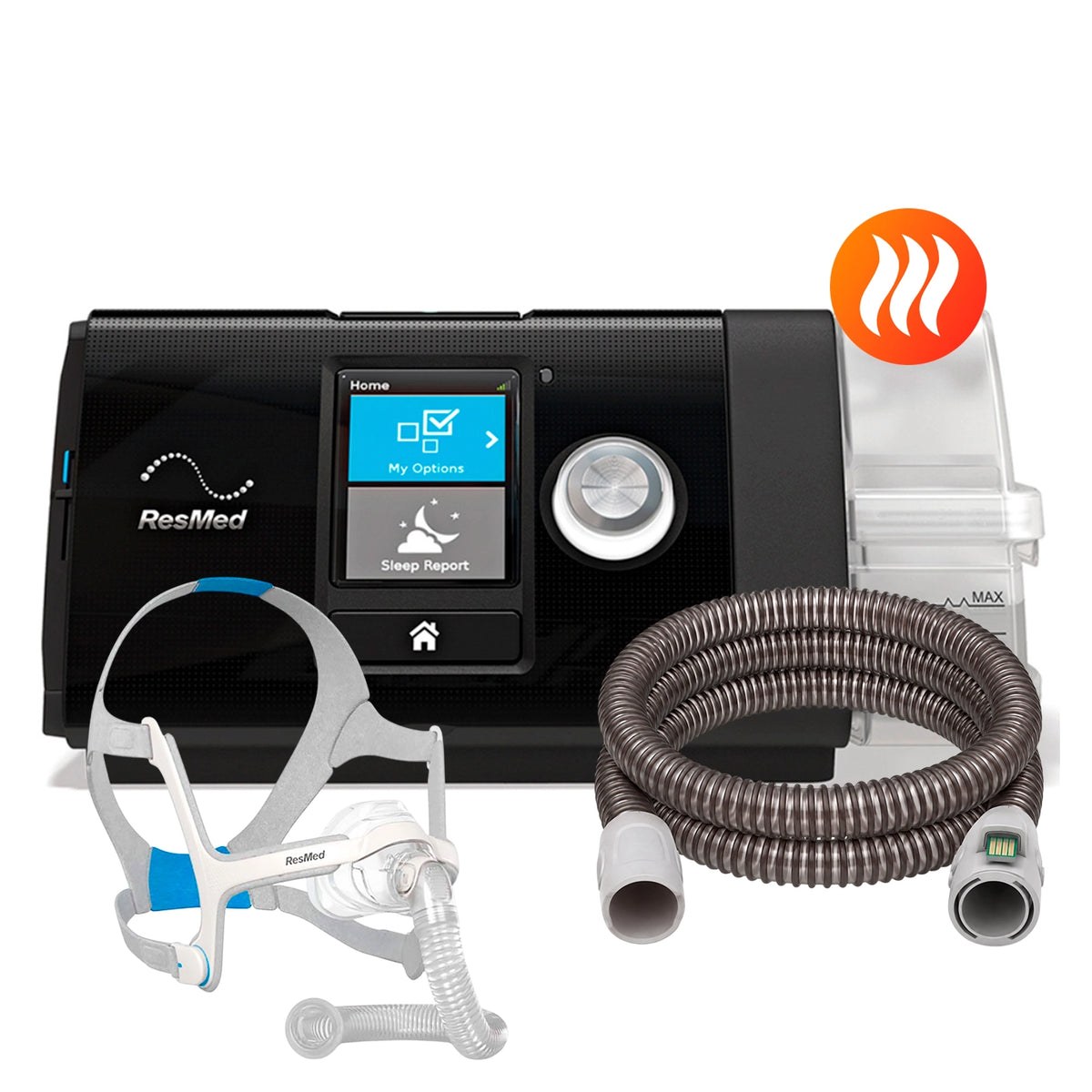 AutoCPAP ResMed AirSense 10 con máscara nasal ResMed N20 y tubo calefaccionado