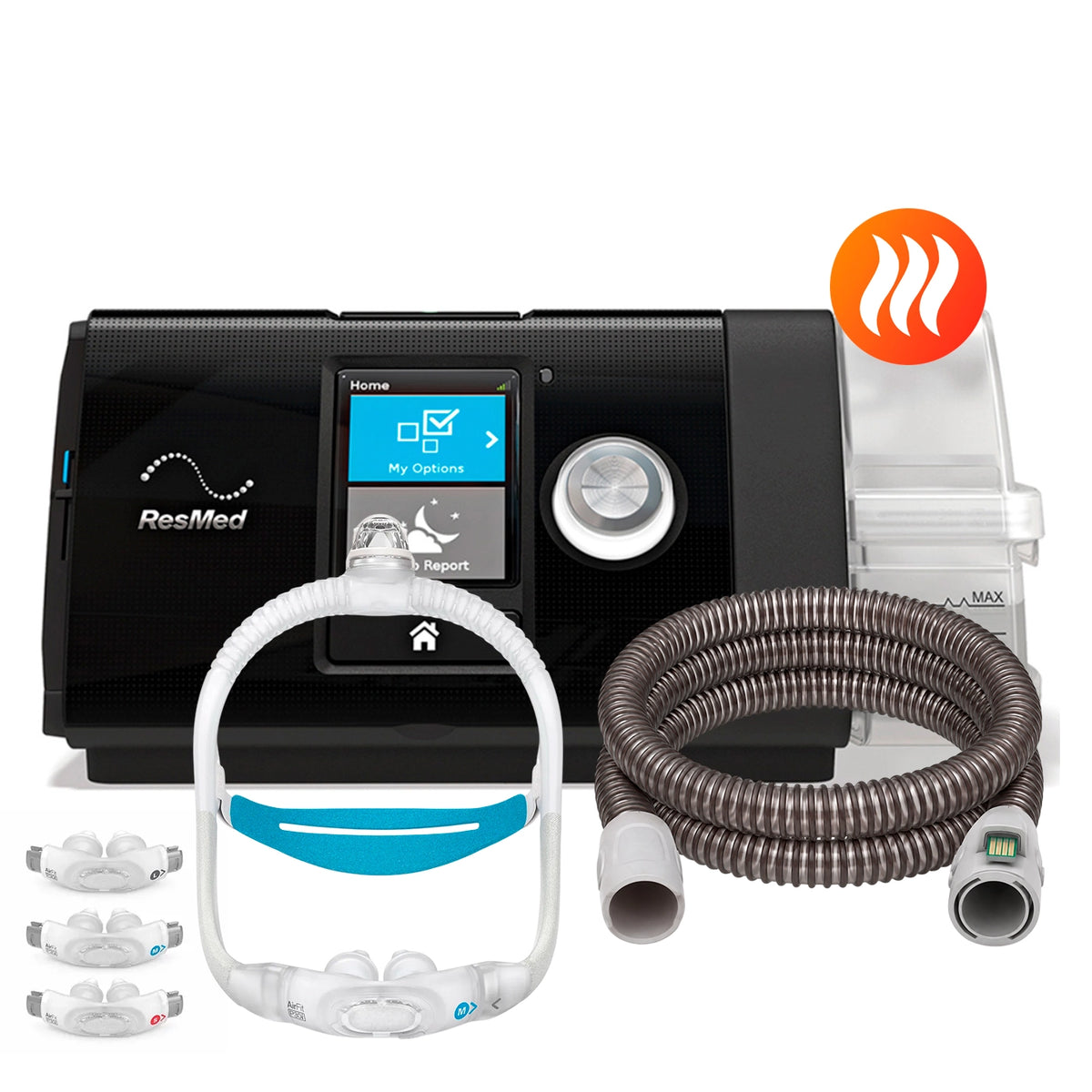 AutoCPAP ResMed AirSense 10 con máscara Nasal Pillows ResMed P30i de 3 tallas y tubo calefaccionado