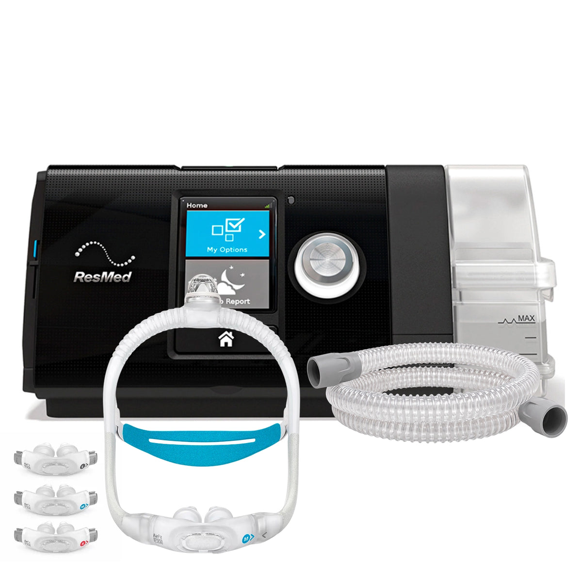 AutoCPAP ResMed AirSense 10 con máscara Nasal Pillows ResMed P30i de 3 tallas y tubo estándar