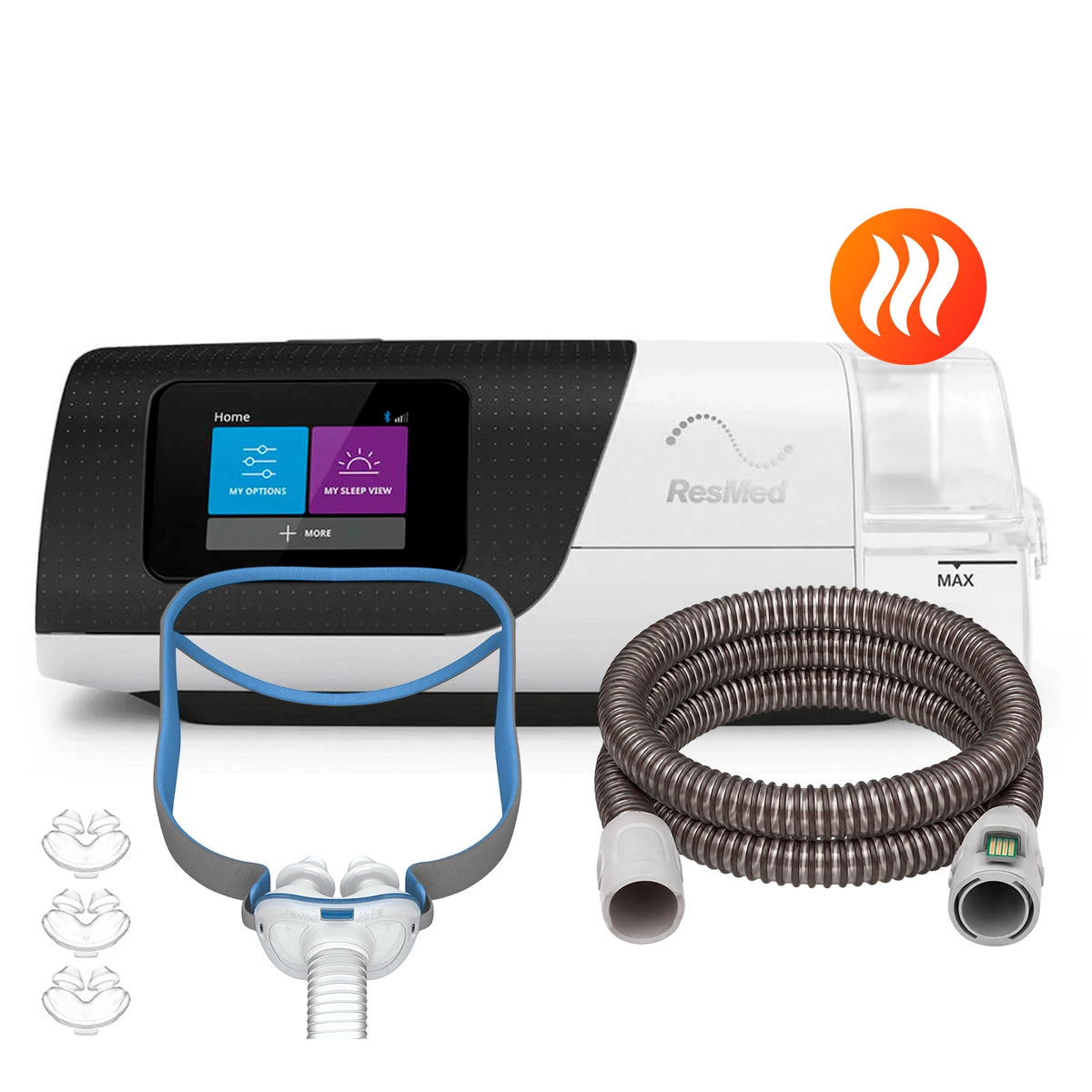 AutoCPAP ResMed AirSense 11 con máscara Nasal Pillows ResMed P10 de 3 tallas y tubo calefaccionado