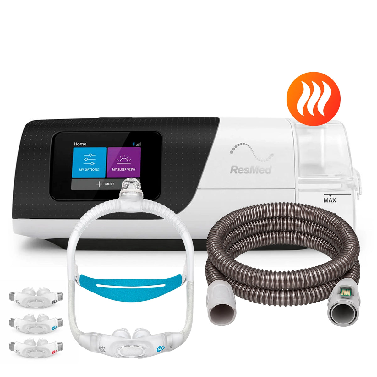 AutoCPAP ResMed AirSense 11 con máscara Nasal Pillows ResMed P30i de 3 tallas y tubo calefaccionado