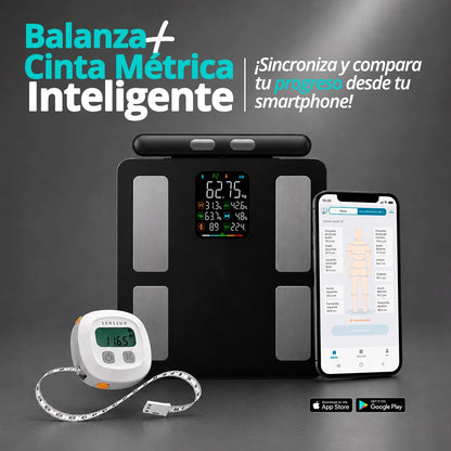 Balanza y cinta métrica inteligente Senssun con sincronización de datos mediante aplicación móvil.