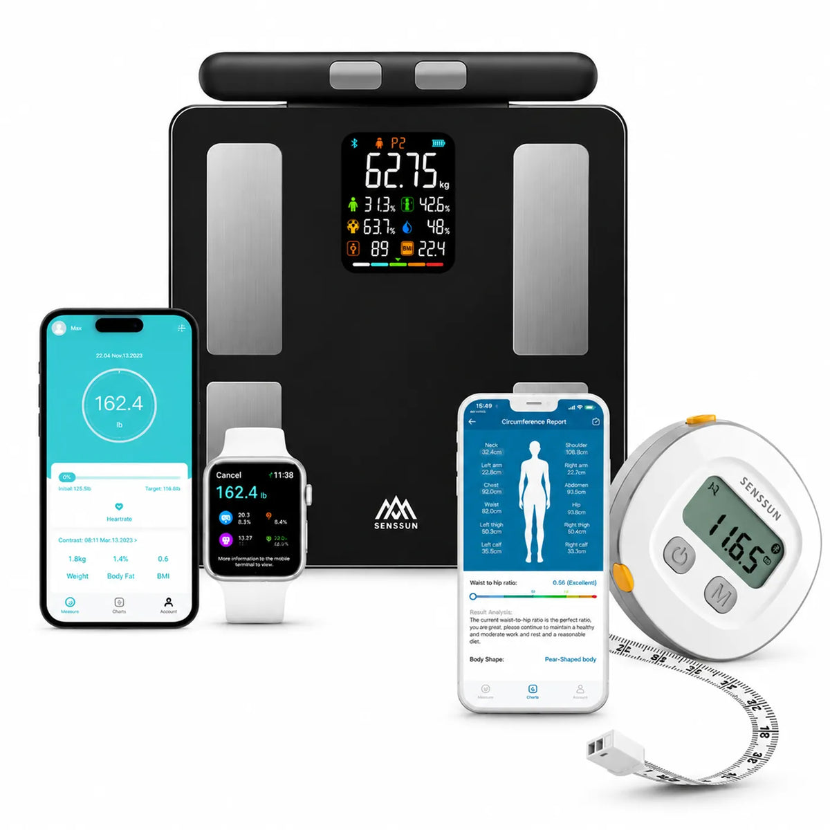 Balanza inteligente Senssun con cinta métrica electrónica para medir y controlar el progreso corporal.