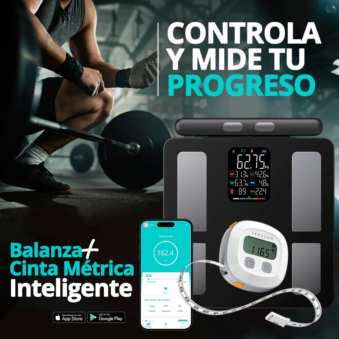 Balanza y cinta métrica inteligente Senssun para monitoreo de composición y medidas corporales.