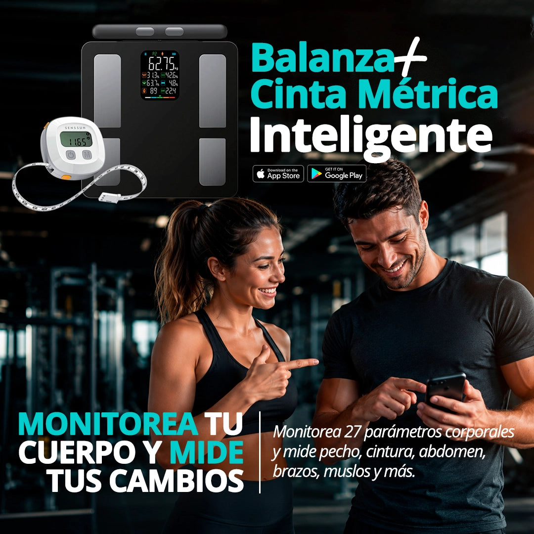 Balanza y cinta métrica inteligente Senssun para seguimiento de peso, medidas y progreso corporal.