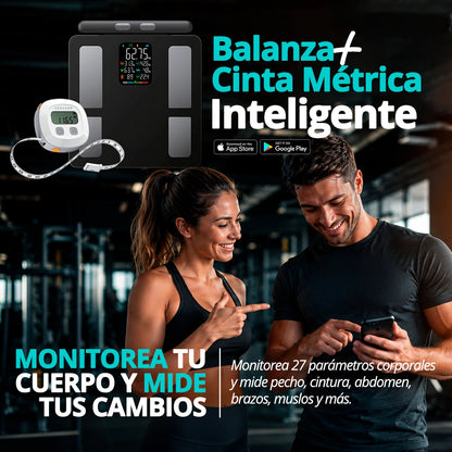 Balanza y cinta métrica inteligente Senssun para seguimiento de peso, medidas y progreso corporal.