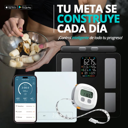Balanza y cinta métrica inteligente Senssun para seguimiento de medidas corporales y progreso diario.