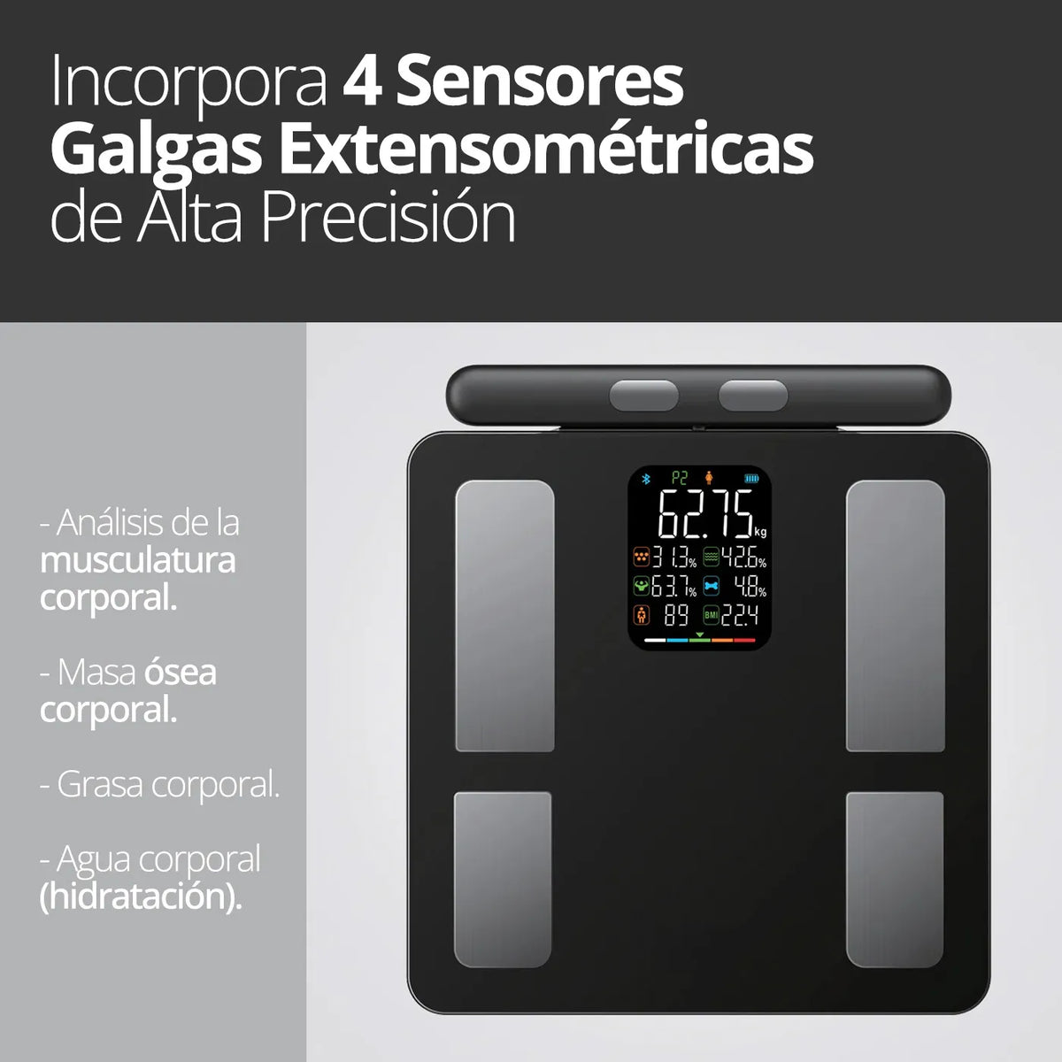 Balanza inteligente Senssun con 4 sensores y electrodos para medición de composición corporal.